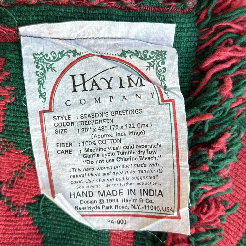 Vintage 1994 Hayim Co. Christmas Tapestry Throw/Rug – 100% Cotton – 46” x 28”